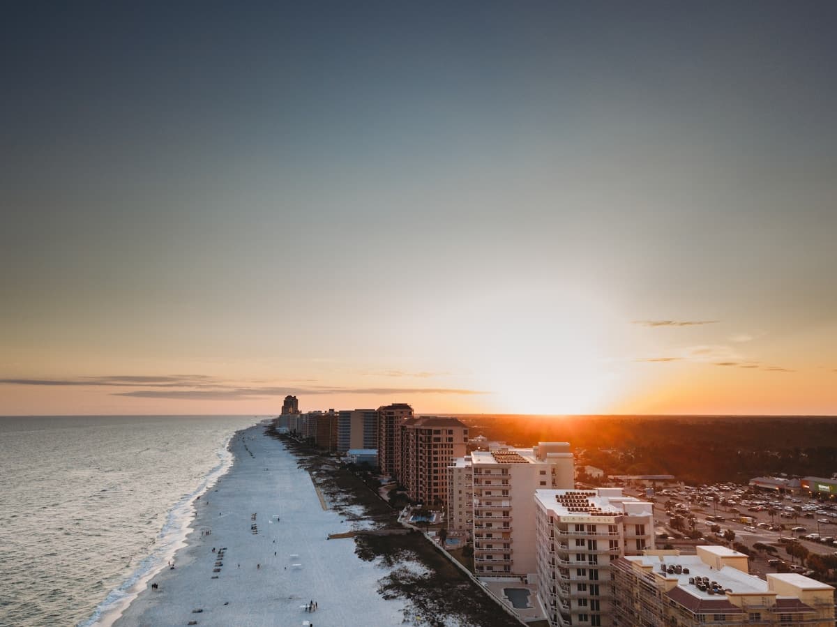 Aerial view of Orange Beach beachfront condos at sunset