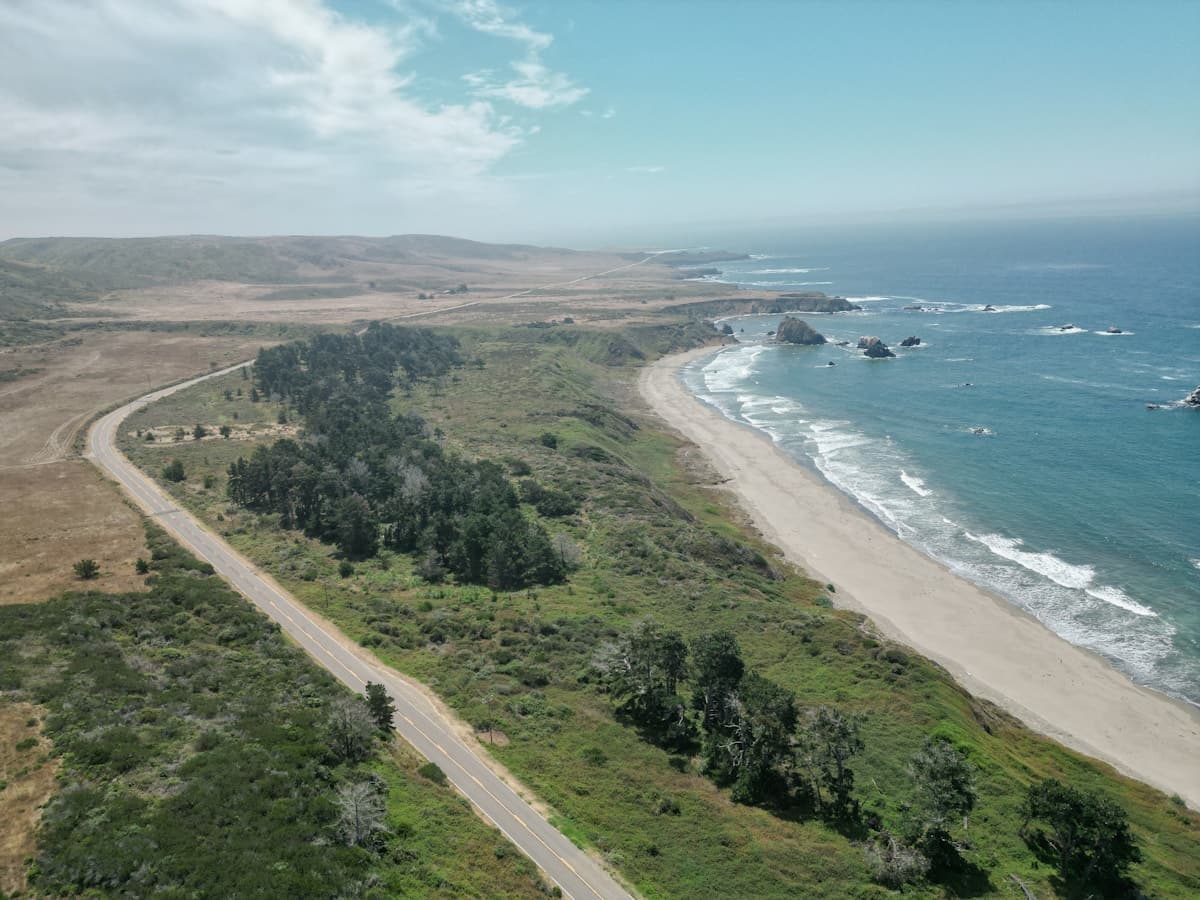 Aerial view of road near the coast